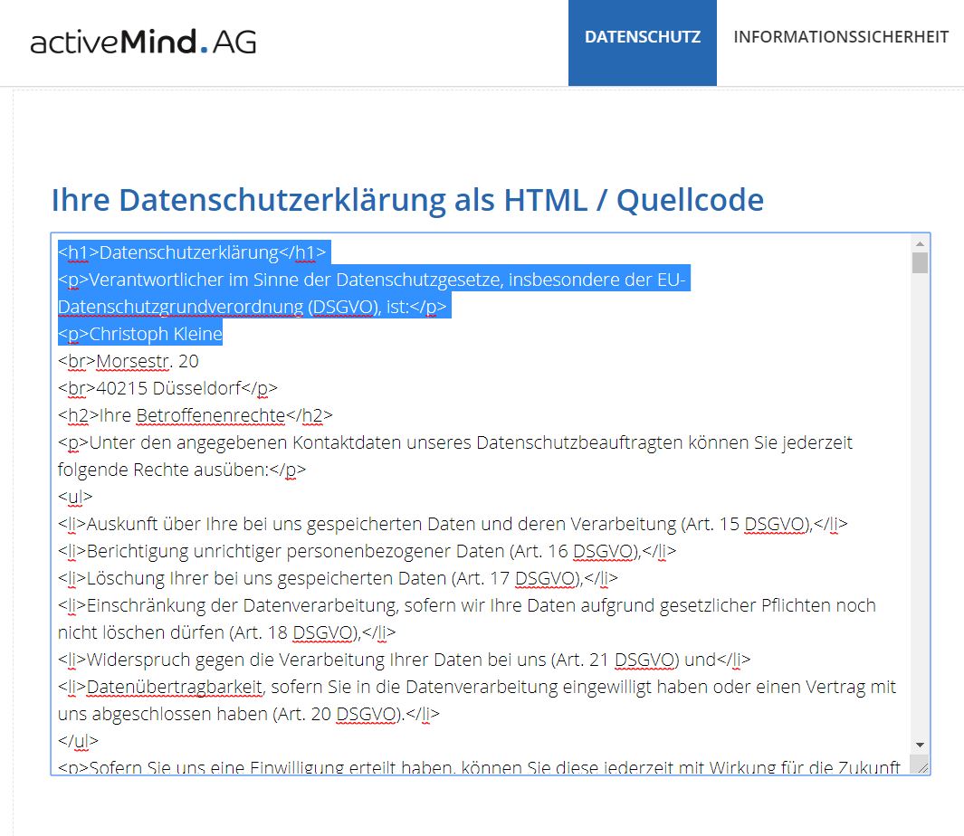 HTML Version Datenschutz Erklärung activemind