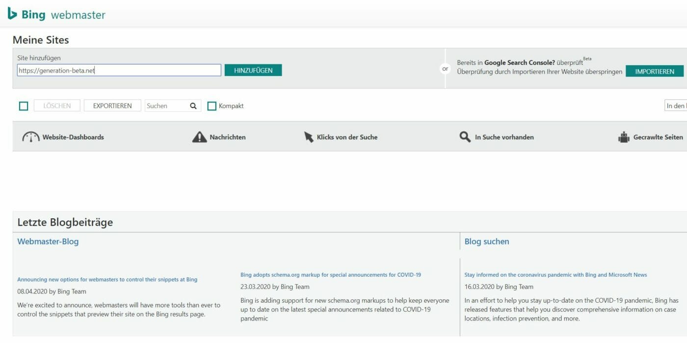 Bing Webmaster ToolsNeue Seite hinzufügen