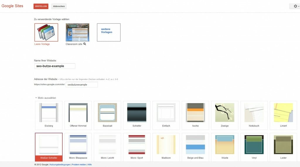 Google Sites Overview Screen