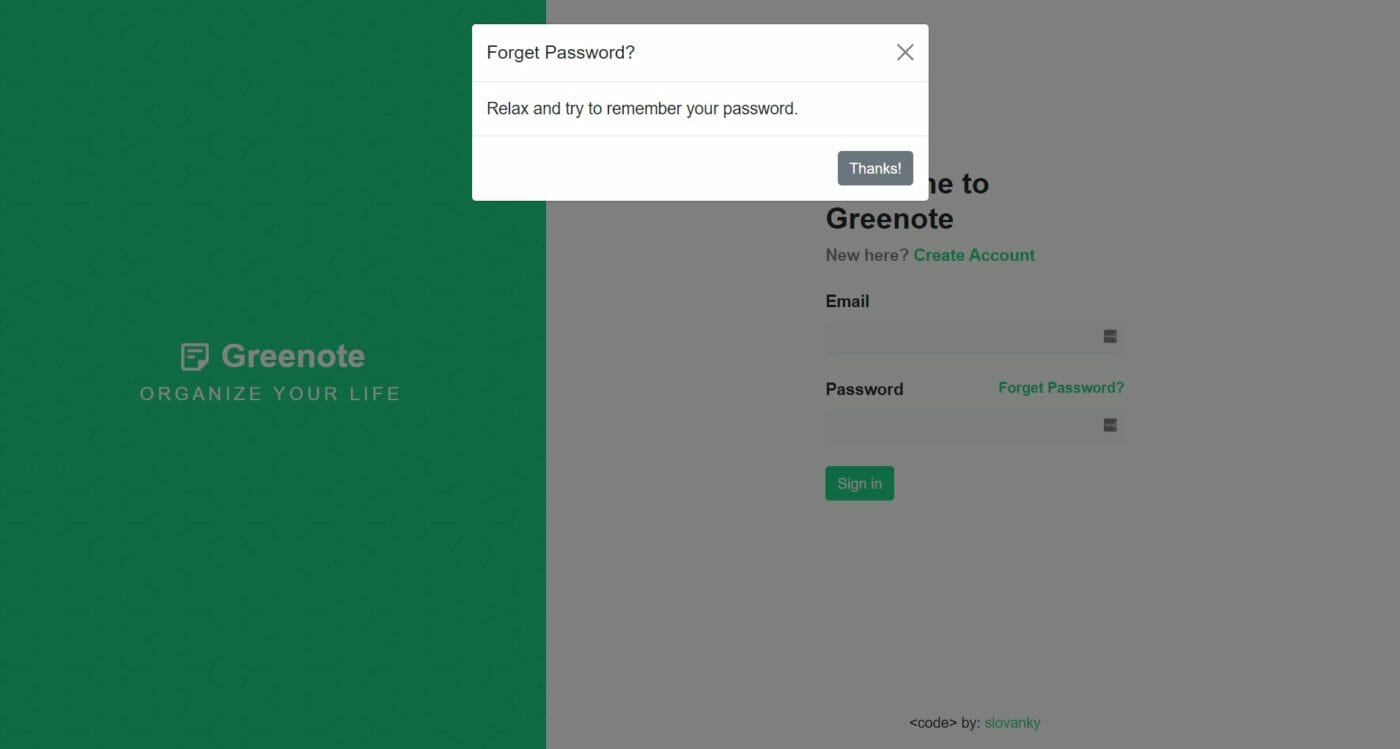 Greenote App Password vergessen flow
