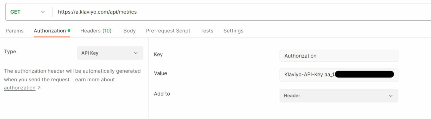 Klaviyo Metrics API GET Request Authorization