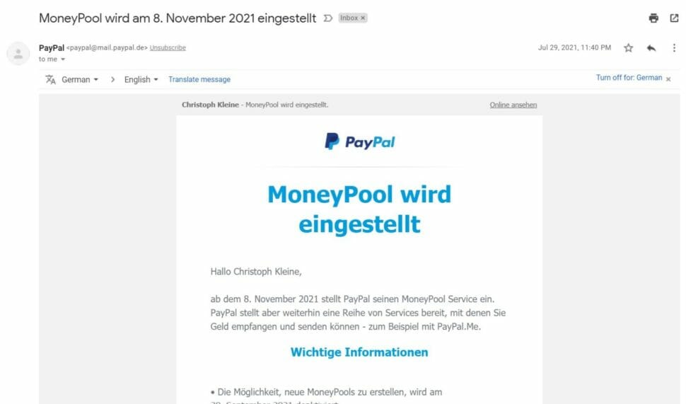 Paypal Moneypool eingestellt