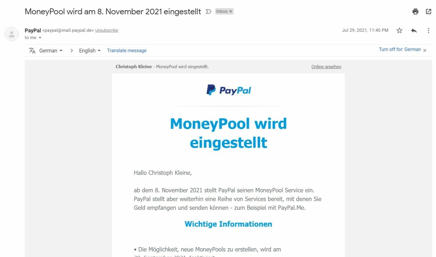 Paypal Moneypool Service beendet