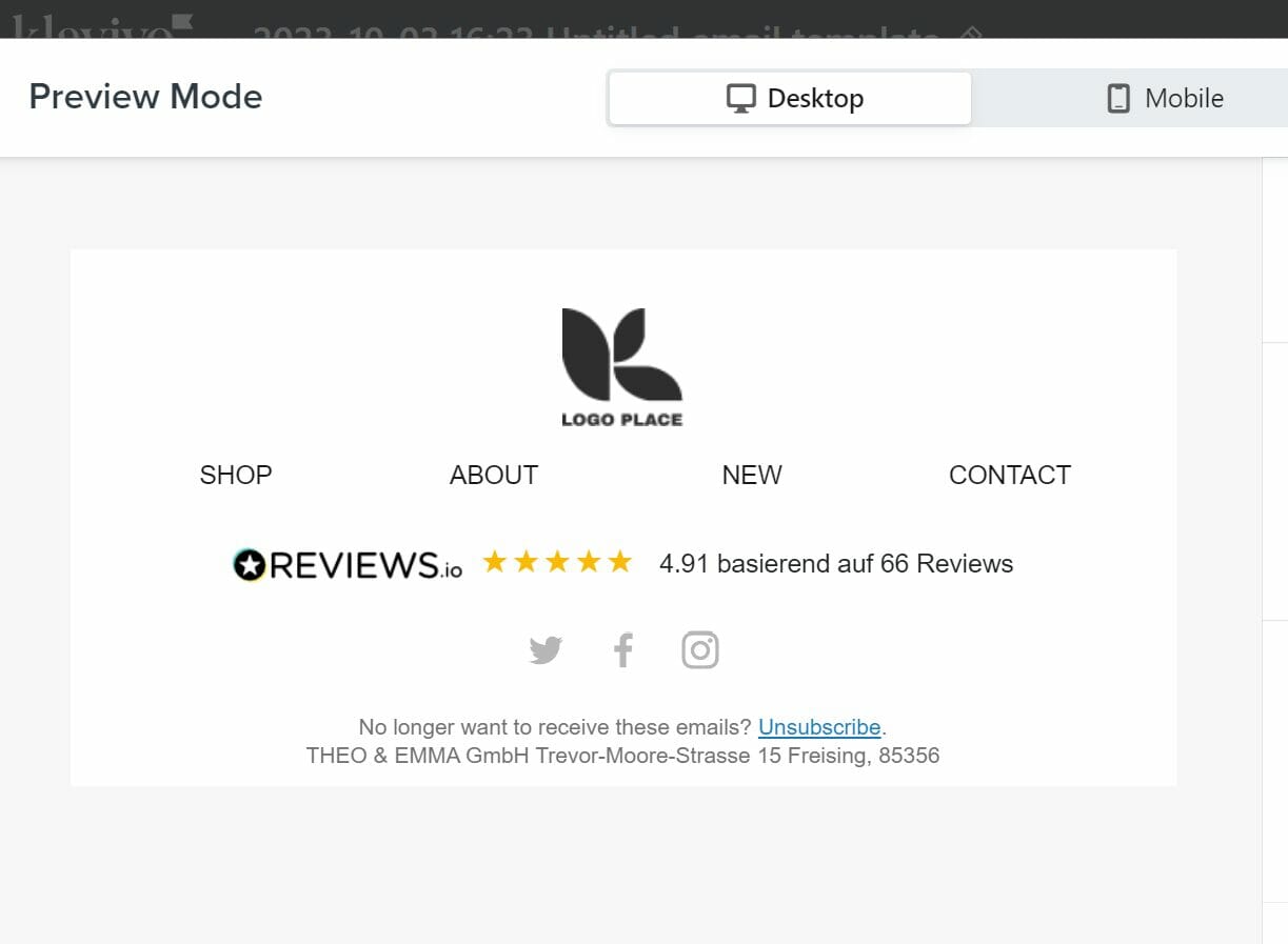 Klaviyo Editor Preview Modus REVIEWS.io Rating Widget