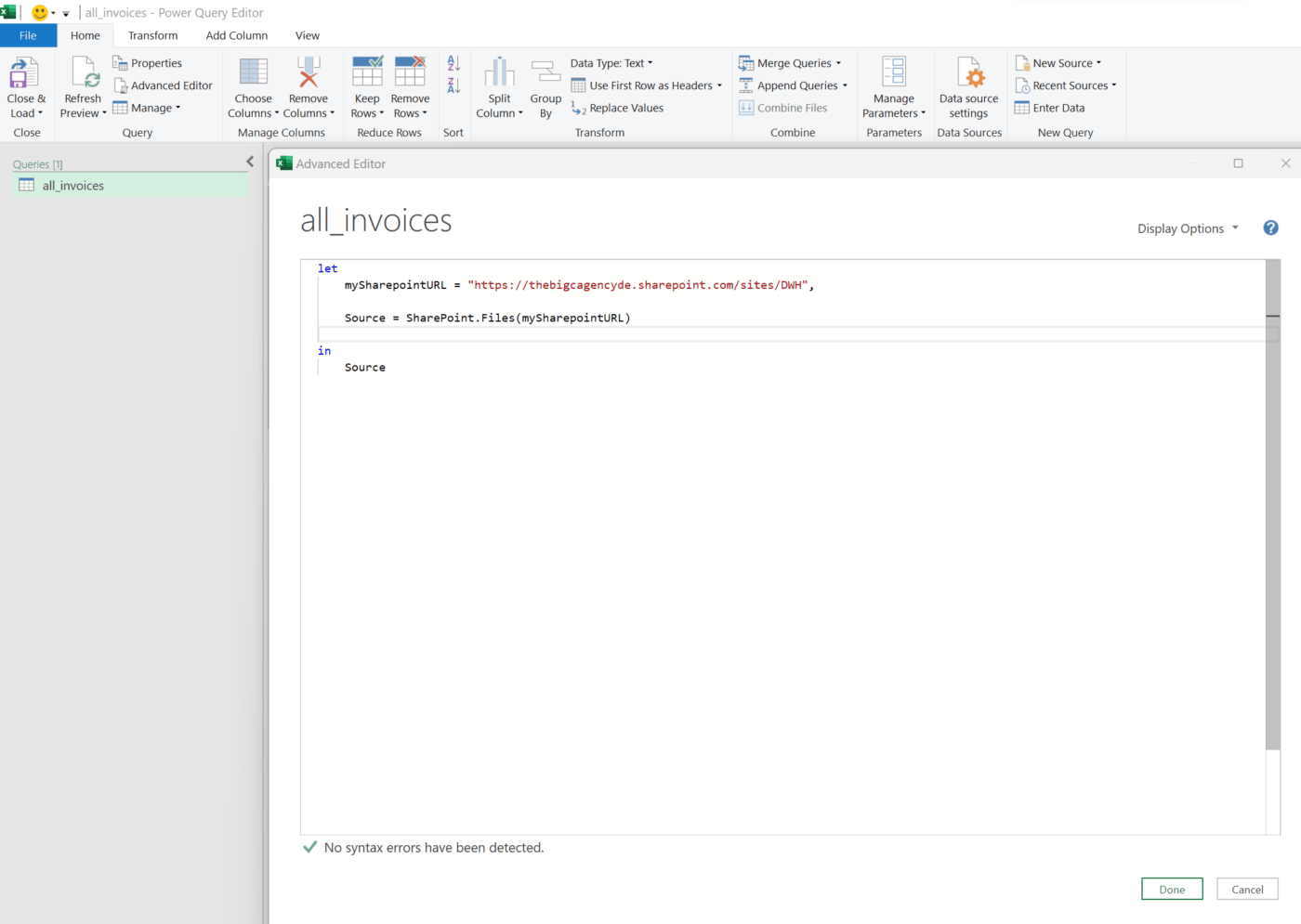 Sharepoint Power Query Advanced Editor