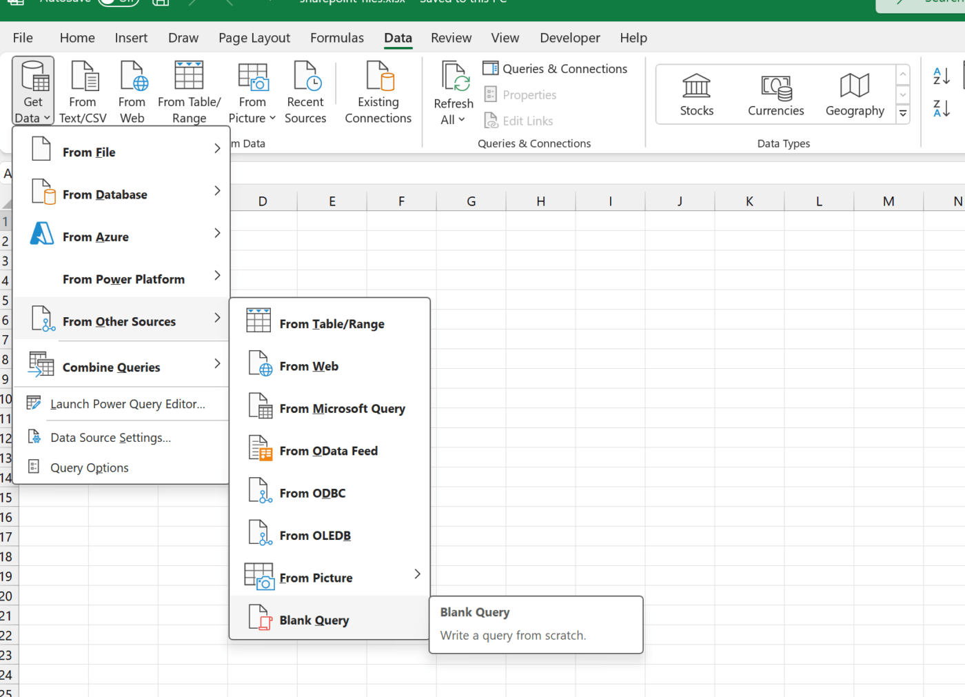 Excel Get Data Blank Query